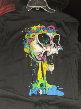 Black Graphic Skull Tee with Neon Drip Design